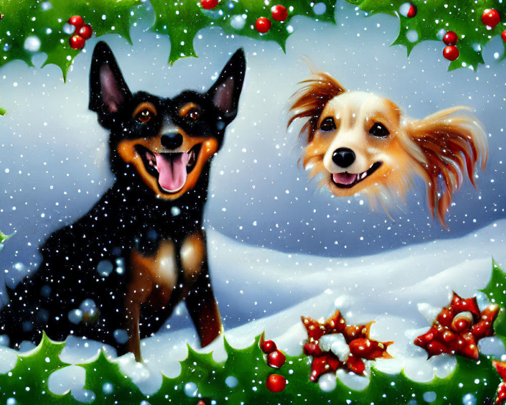 Cheerful dogs in snow with holly, festive winter theme