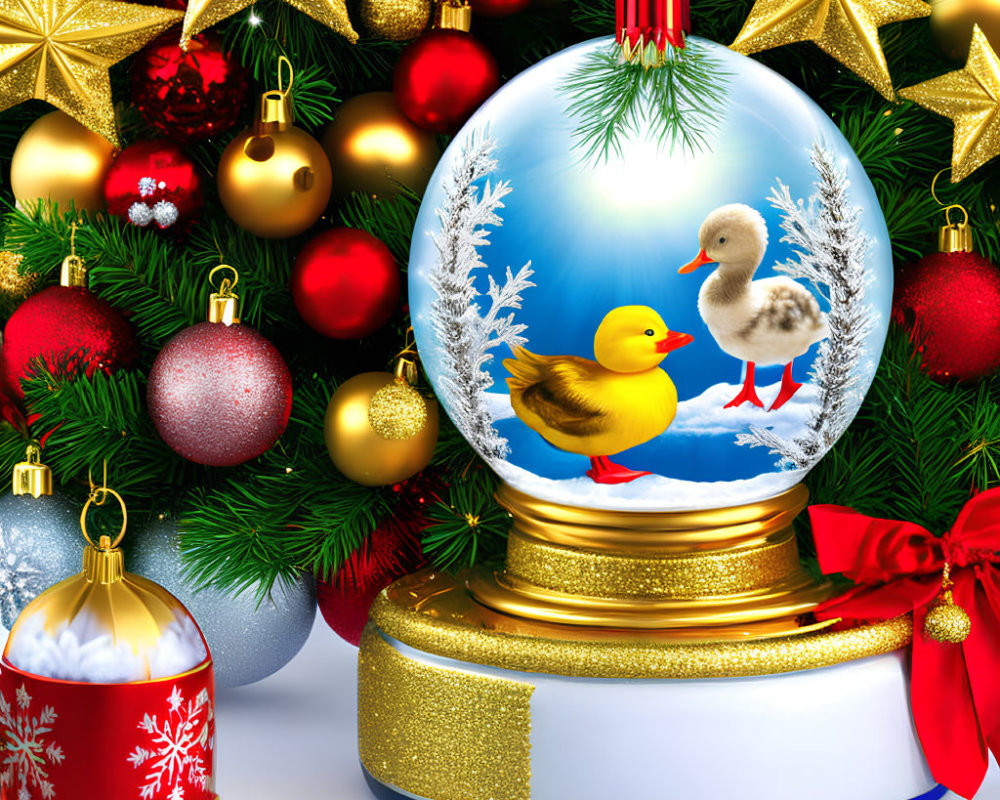 Snow Globe with Ducks, Baubles, Stars, and Ribbons on White Background