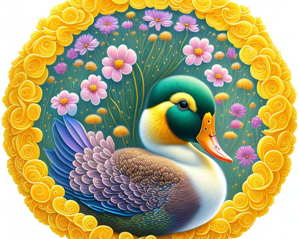 Detailed Hyperrealistic Duck Illustration in Ornate Circular Frame