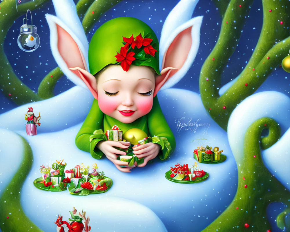 Illustrated elf with large ears holding Christmas gift in snowy scene