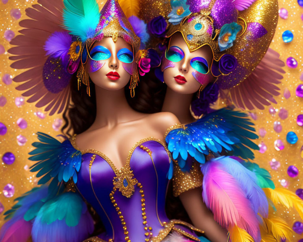 Vibrant Carnival masks and feathered costumes on two women at a masquerade