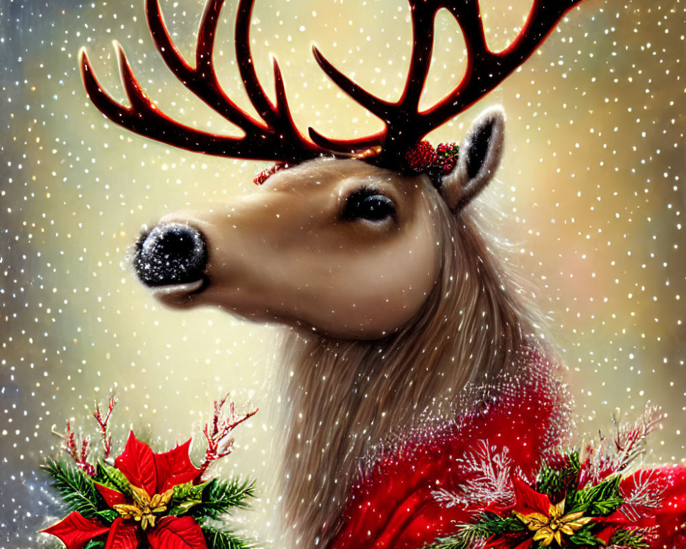 Reindeer with red scarf and holly in snowfall scene