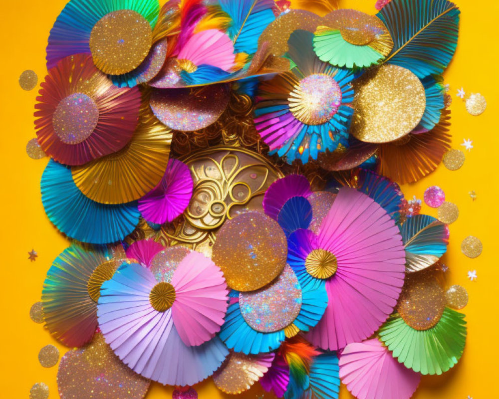 Colorful Paper Fans and Glitter Circles on Yellow Background