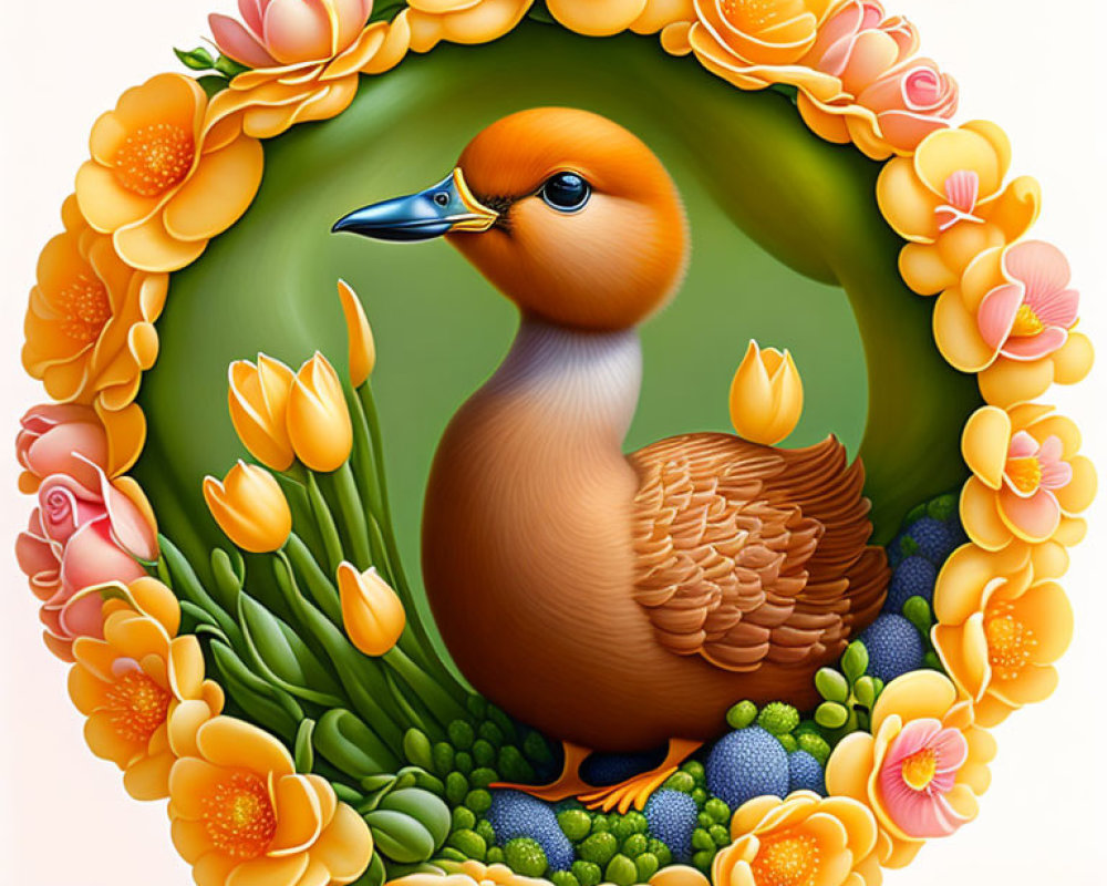 Colorful Duck Illustration Surrounded by Floral Frame