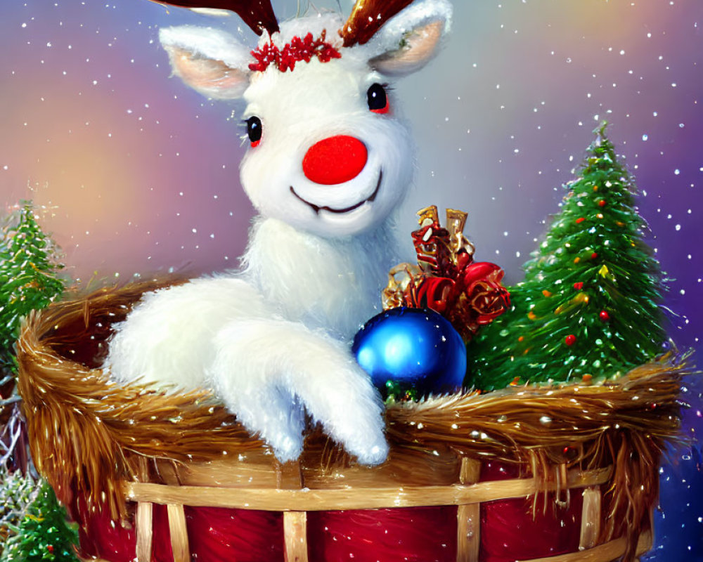 Cheerful reindeer in wicker basket with red nose and ornament among snow-covered trees