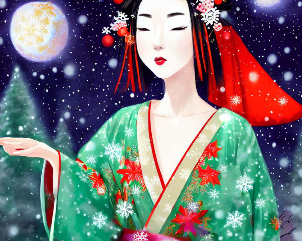 Traditional Japanese woman in green kimono surrounded by snowflakes and pine trees with glowing orb.