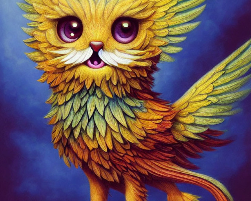 Fantastical creature with fluffy cat features, large expressive eyes, feathered wings, and lions'