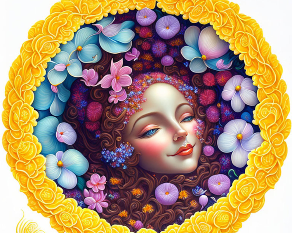 Vibrant flower frame around woman's face in colorful illustration