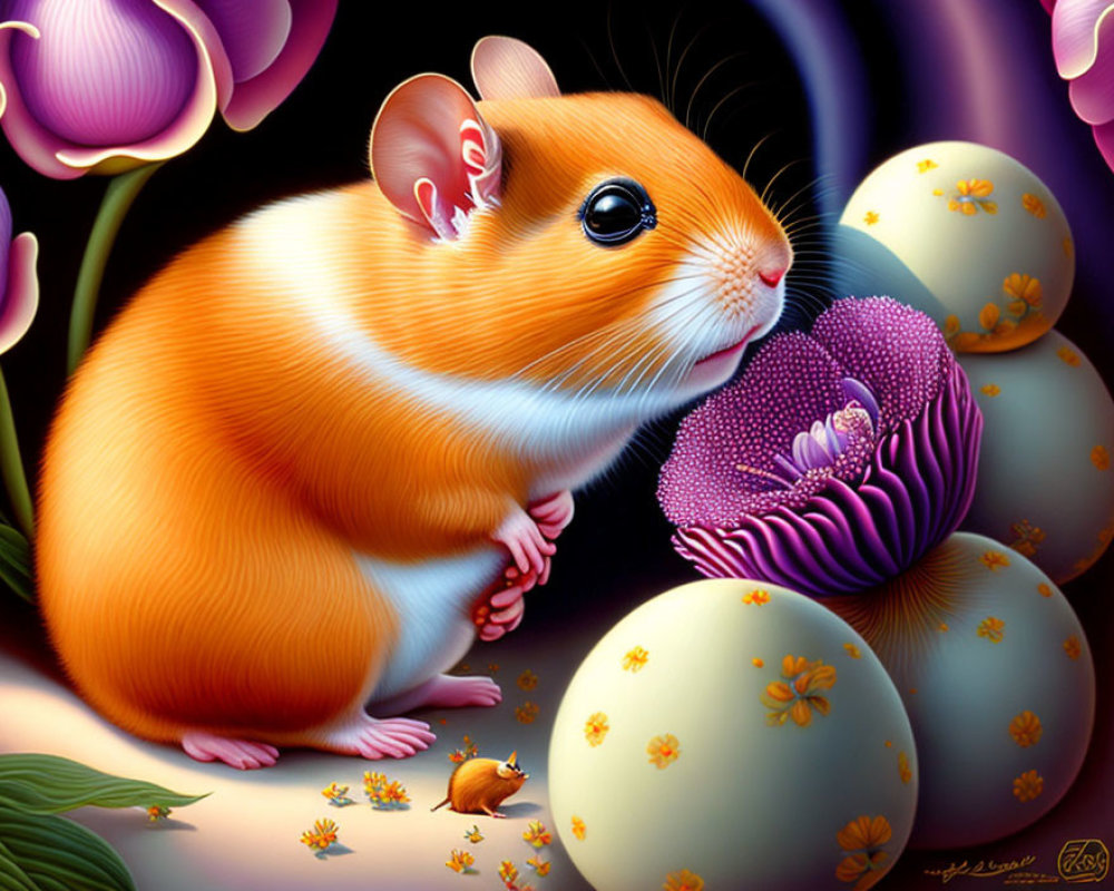 Vivid Oversized Hamster with Miniature Version, Purple Flowers, and Patterned Eggs