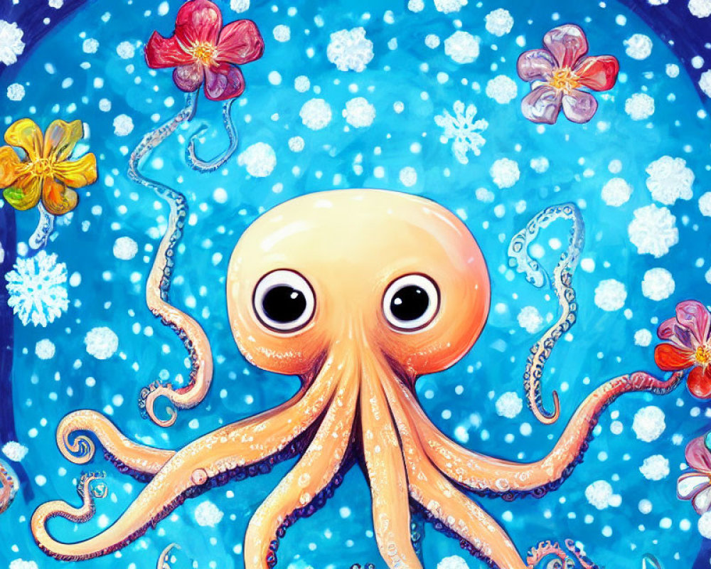 Colorful Octopus Illustration with Flowers and Bubbles on Blue Starry Background