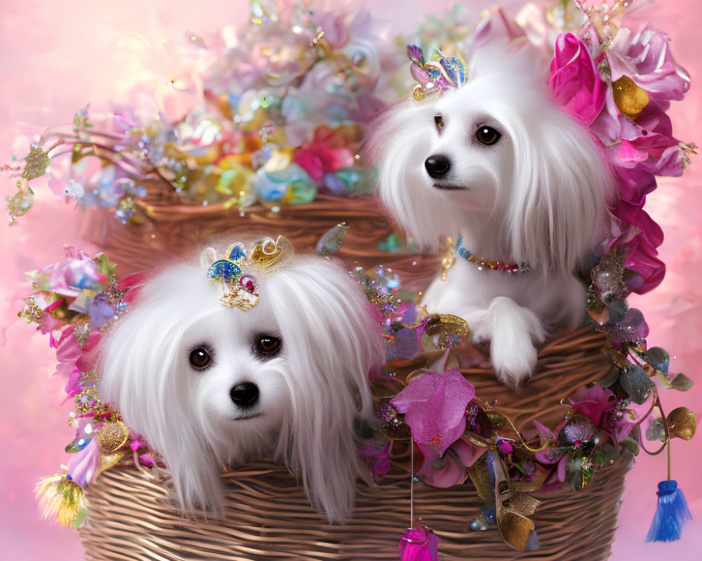 Fluffy dogs in decorative headpieces in wicker basket with flowers and butterflies