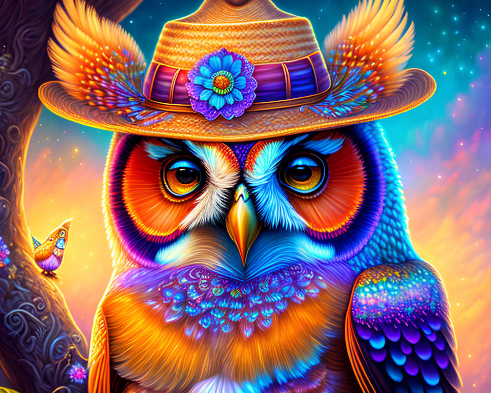 Colorful Stylized Owl with Straw Hat and Flower in Twilight Scene