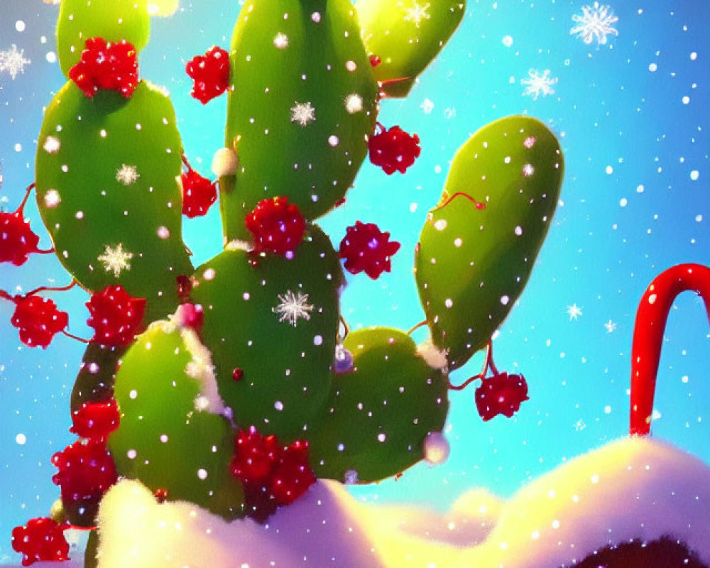 Smiling cactus with red berries and snowflakes in snowy landscape