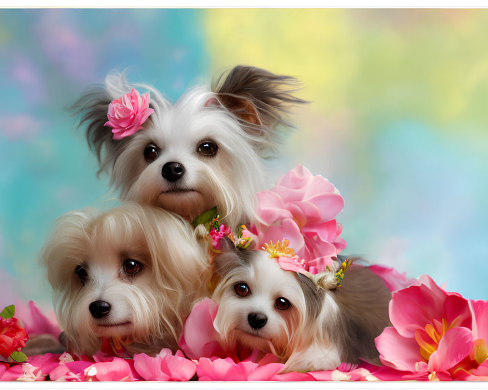 Three dogs with flowers on heads in pink blossoms on soft backdrop