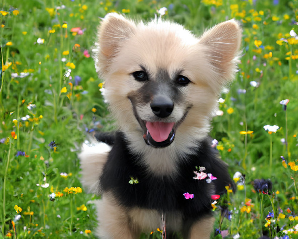 Smiling Corgi Among Colorful Wildflowers