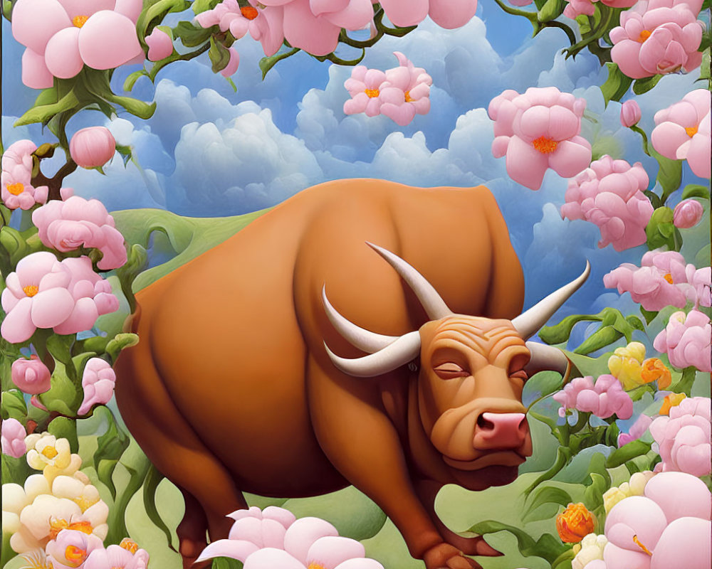 Stylized brown bull with pink flowers in nature setting