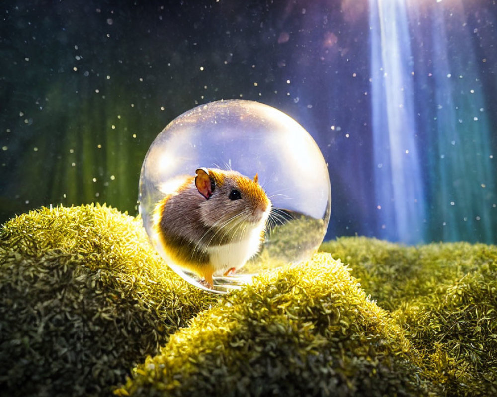 Transparent bubble hamster on moss with galaxy backdrop