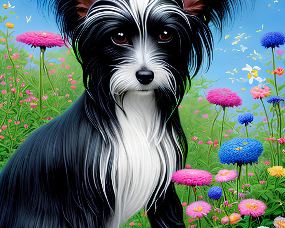 Digital artwork: Papillon dog in colorful meadow with flowers and butterflies