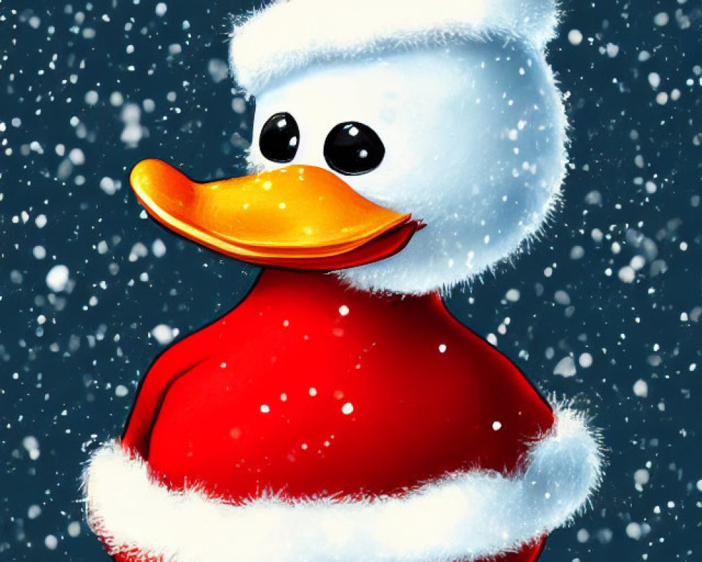 Festive cartoon duck in Santa outfit with snow scene