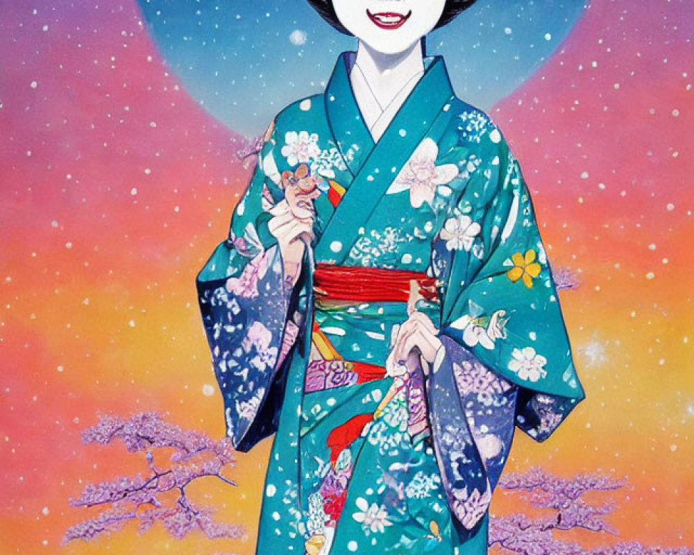 Colorful Kimono-Wearing Woman with Floral Patterns and Kanzashi Hair Ornaments