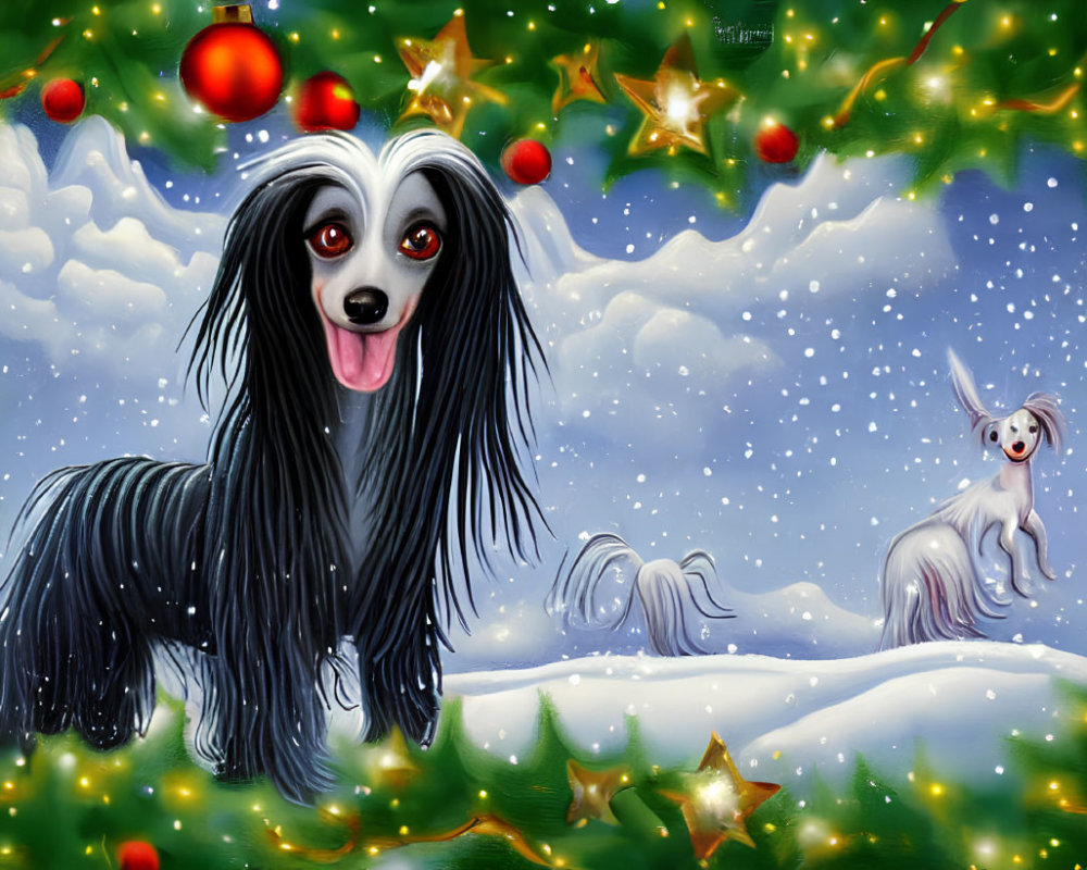 Whimsical Christmas illustration featuring dogs with human-like eyes