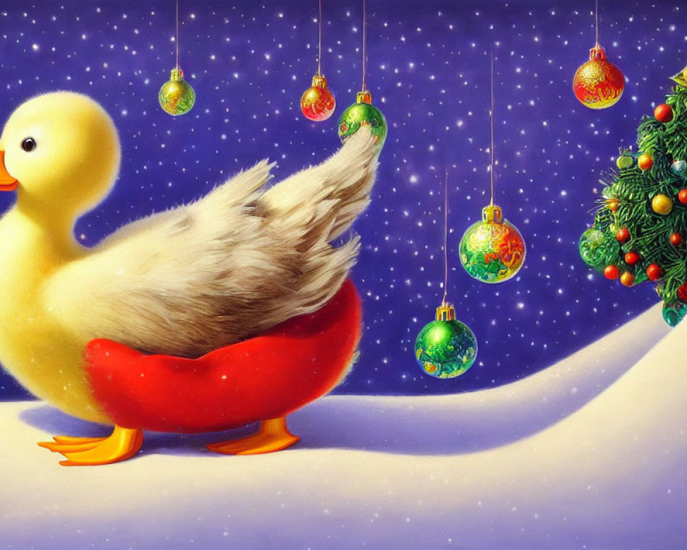 Cheerful duck in Santa hat in snowy Christmas scene