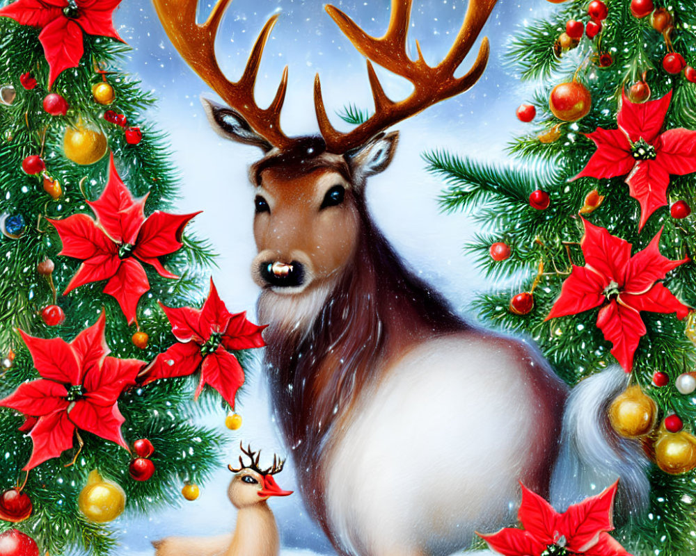 Festive Christmas reindeer illustration with snowfall