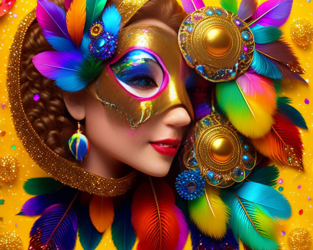 Colorful Carnival Makeup with Feathers and Ornaments