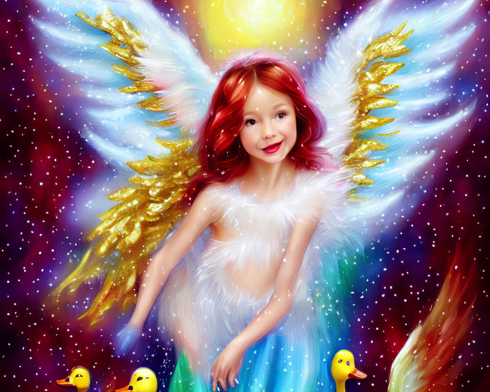 Digital illustration of smiling red-haired girl with angel wings and ducklings on cosmic backdrop