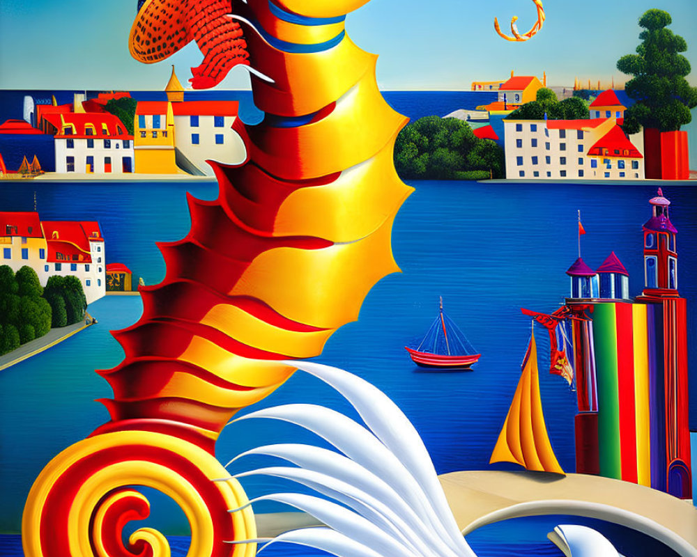 Colorful surreal seahorse painting with seaside town and sun