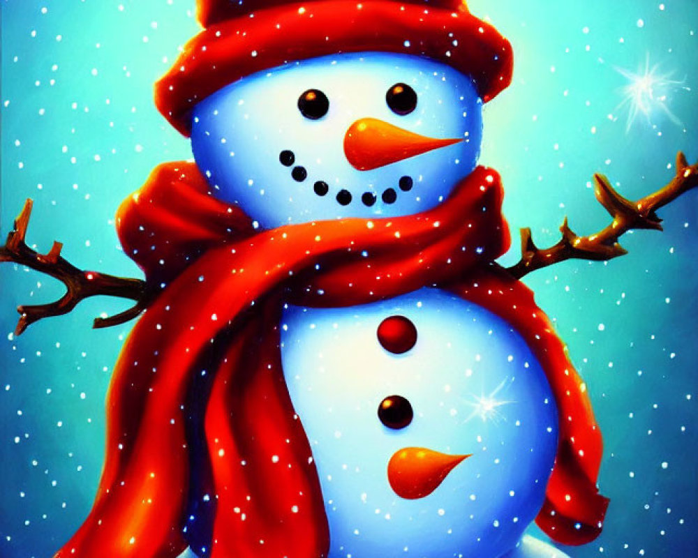 Cheerful snowman with red hat and scarf on starry blue background