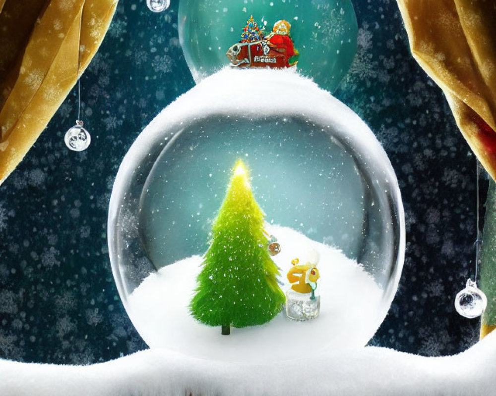 Snow Globe Winter Scene with Santa, Tree, and Snowman amid Falling Snow