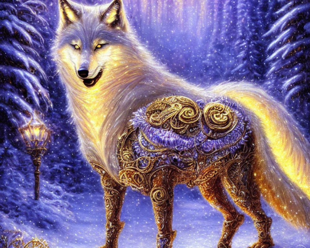 Majestic wolf with golden patterns in snowy enchanted forest