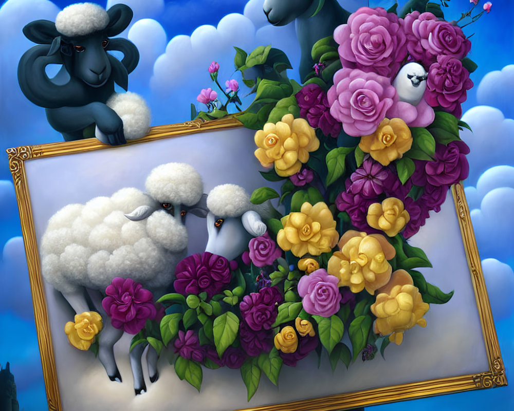 Colorful Flower Sheep Painting on Canvas with Surreal Blend of Real and Painted Sheep against Blue Sky