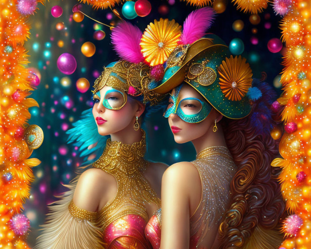 Two women in ornate carnival masks and costumes with feathers and gold accents in glowing bokeh light.