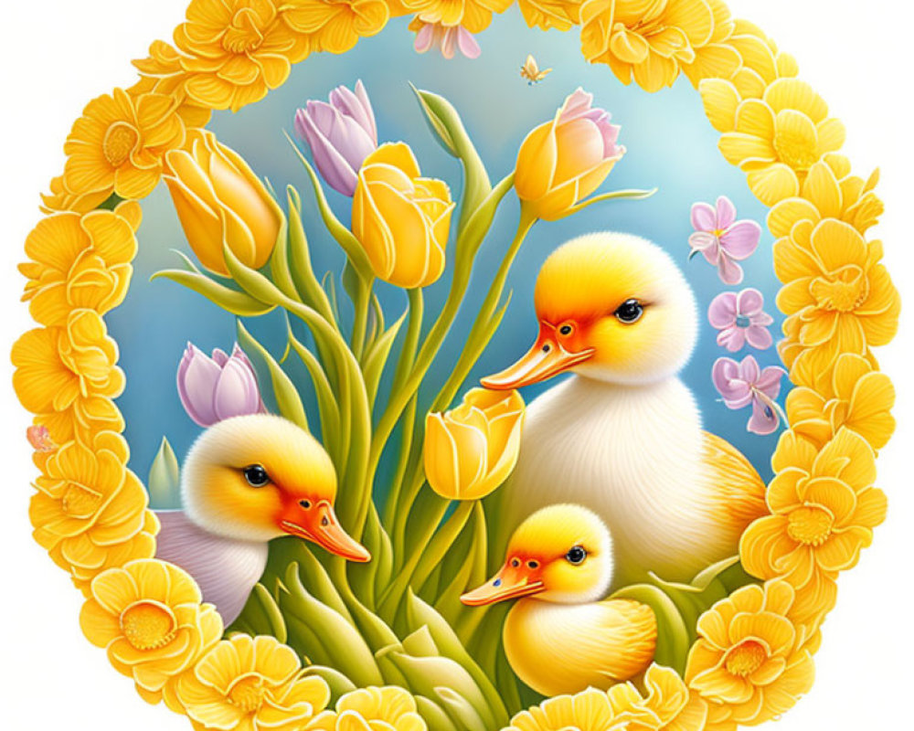 Ducklings with yellow and pink flowers in oval border