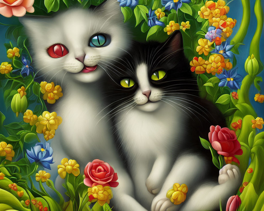 Stylized cats with heterochromatic eyes in floral embrace