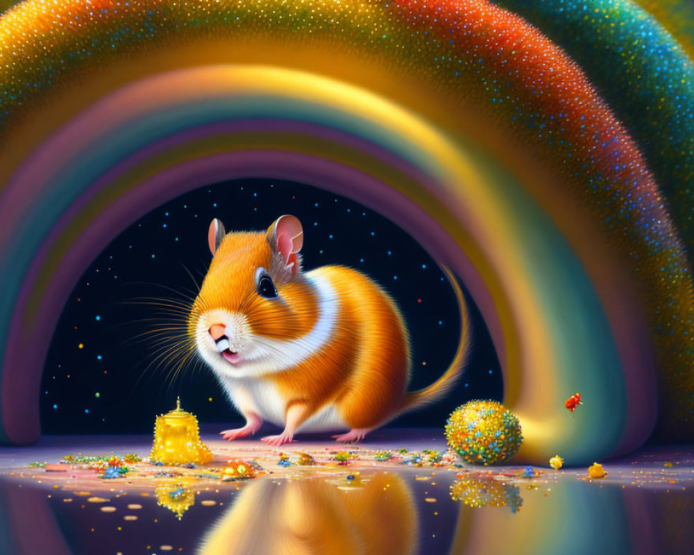 Colorful Hamster Fantasy Illustration with Rainbow Arc and Stars