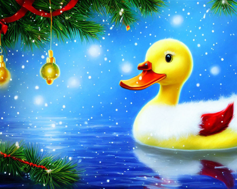 Colorful Illustration: Yellow Rubber Duck with Red Scarf in Snowy Christmas Scene