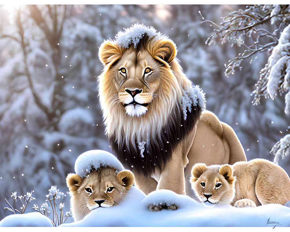 Majestic lion with thick mane in snowy forest with two cubs