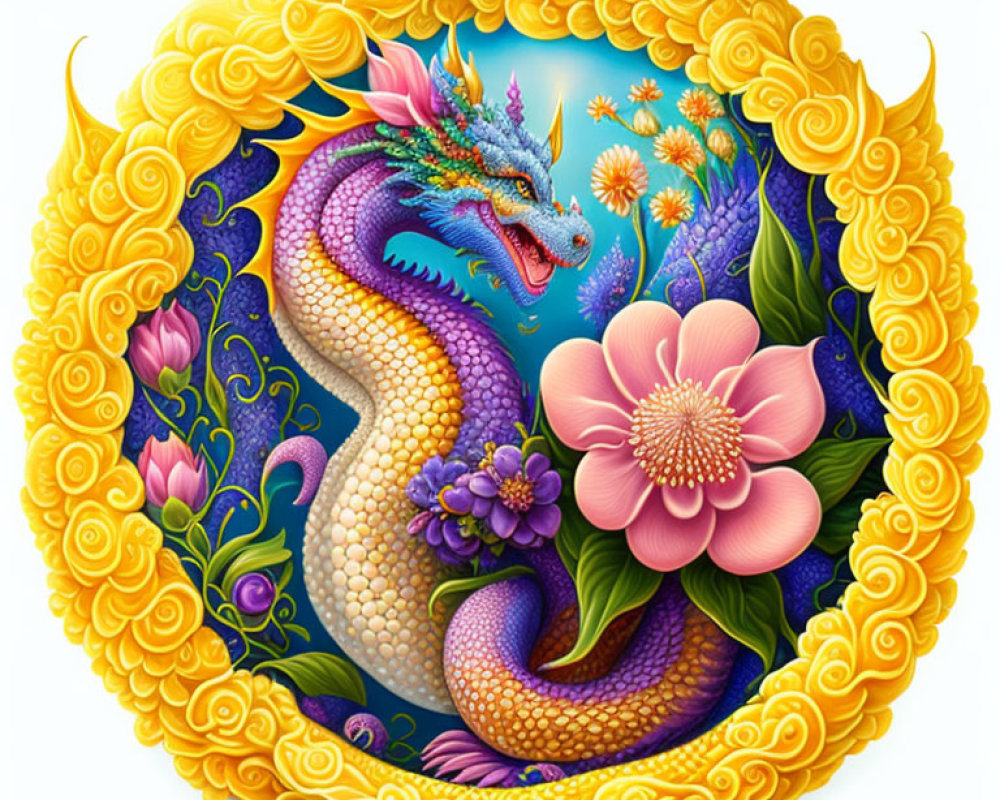 Colorful Mythical Dragon Artwork with Ornate Floral Border