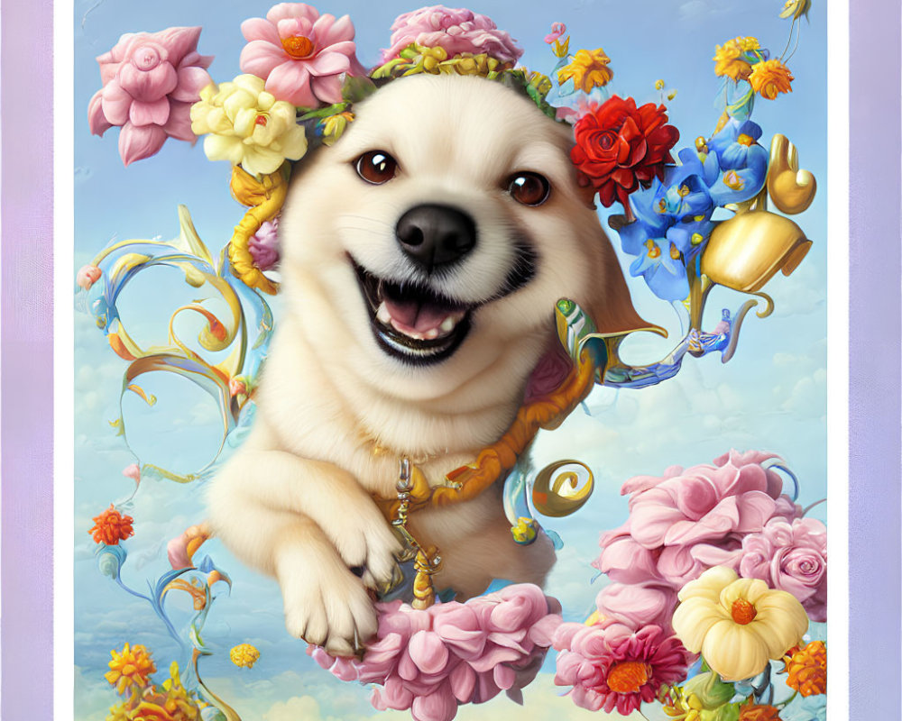 Cheerful dog with floral wreath in ornate golden frame surrounded by vibrant flowers