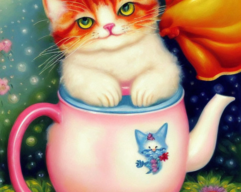 Whimsical painting of orange and white cat in pink teapot with blue mouse and flowers