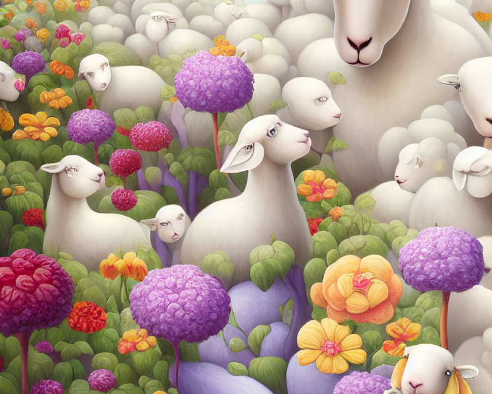 Colorful Sheep and Floral Blooms in Dreamy Sky with Castles