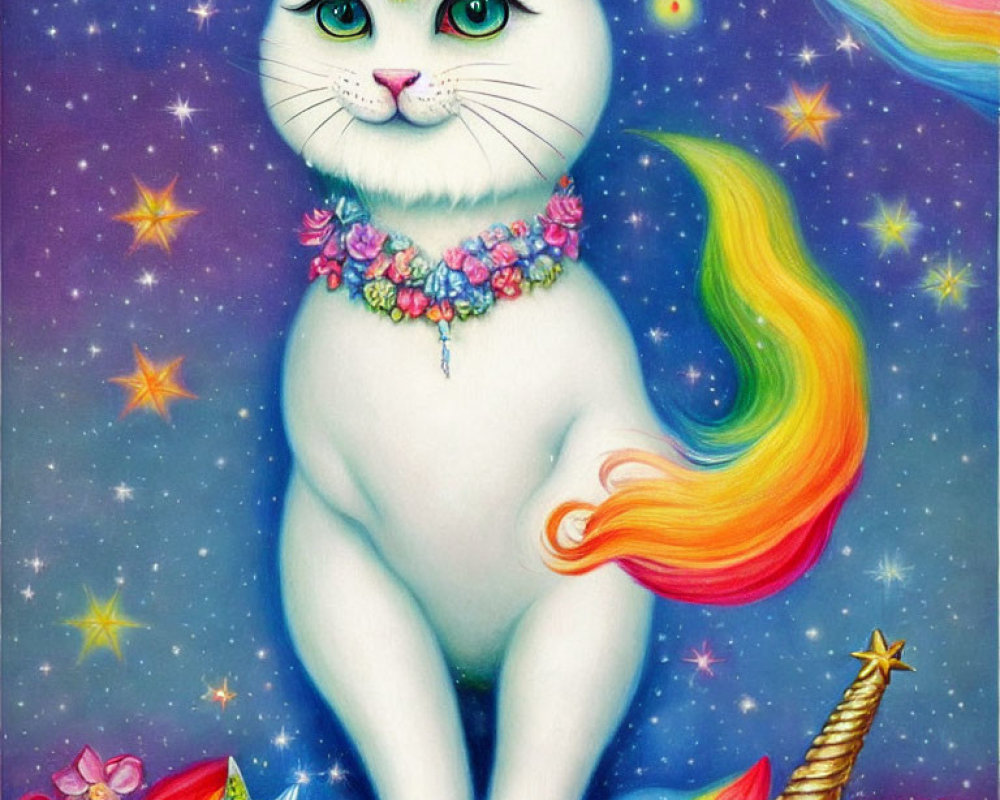 Colorful White Cat with Unicorn Horn and Flower Necklace Among Stars