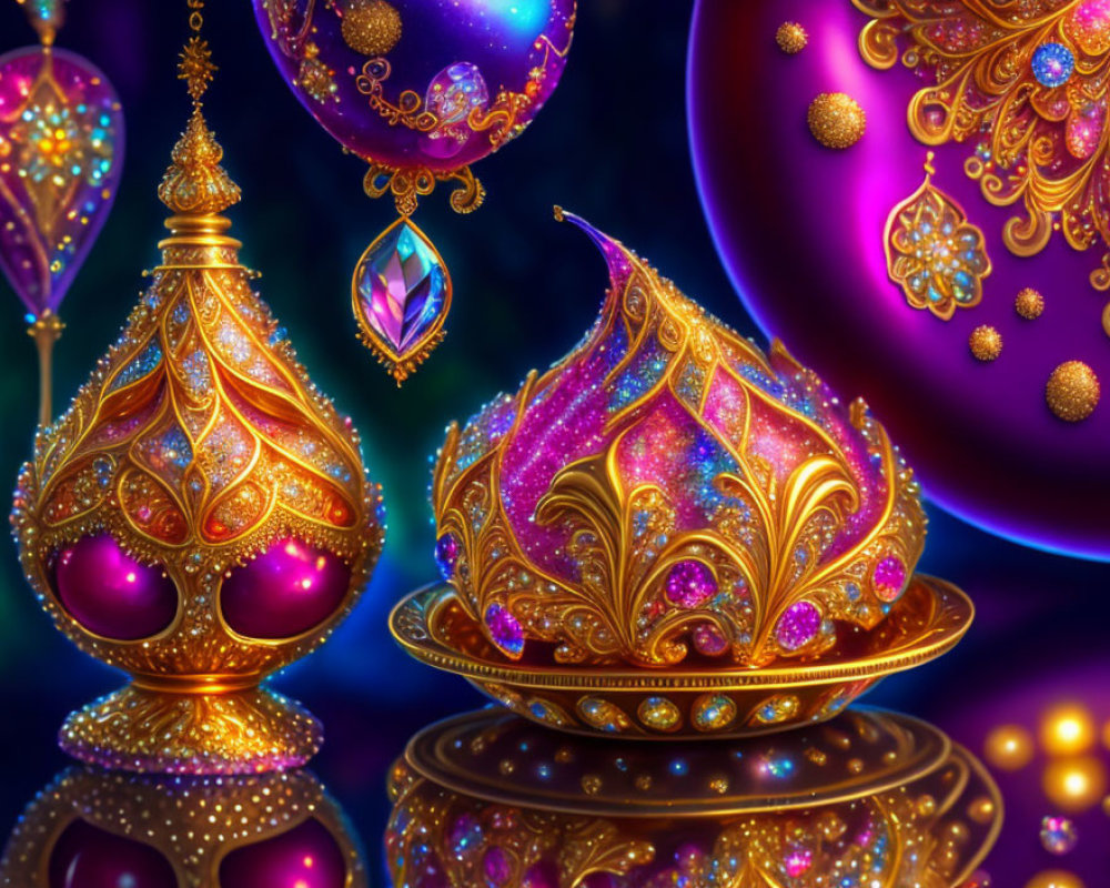 Intricate Golden Fantasy Ornaments on Deep Blue Background