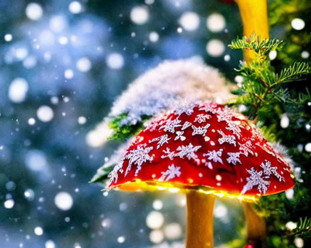 Red Mushrooms with Yellow Undersides in Snowy Forest Scene