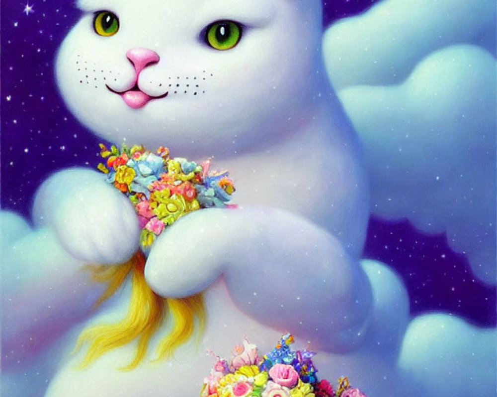 Whimsical painting of white cat with unicorn horns on clouds against starry night sky