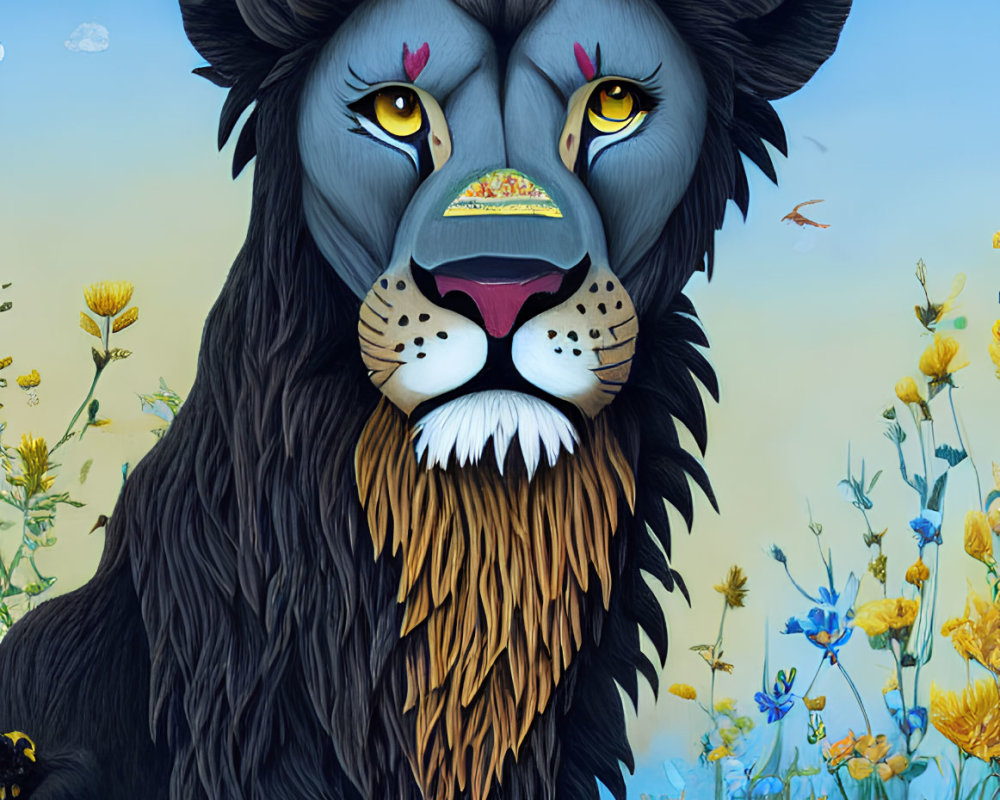 Vibrant lion illustration in colorful floral field under blue sky