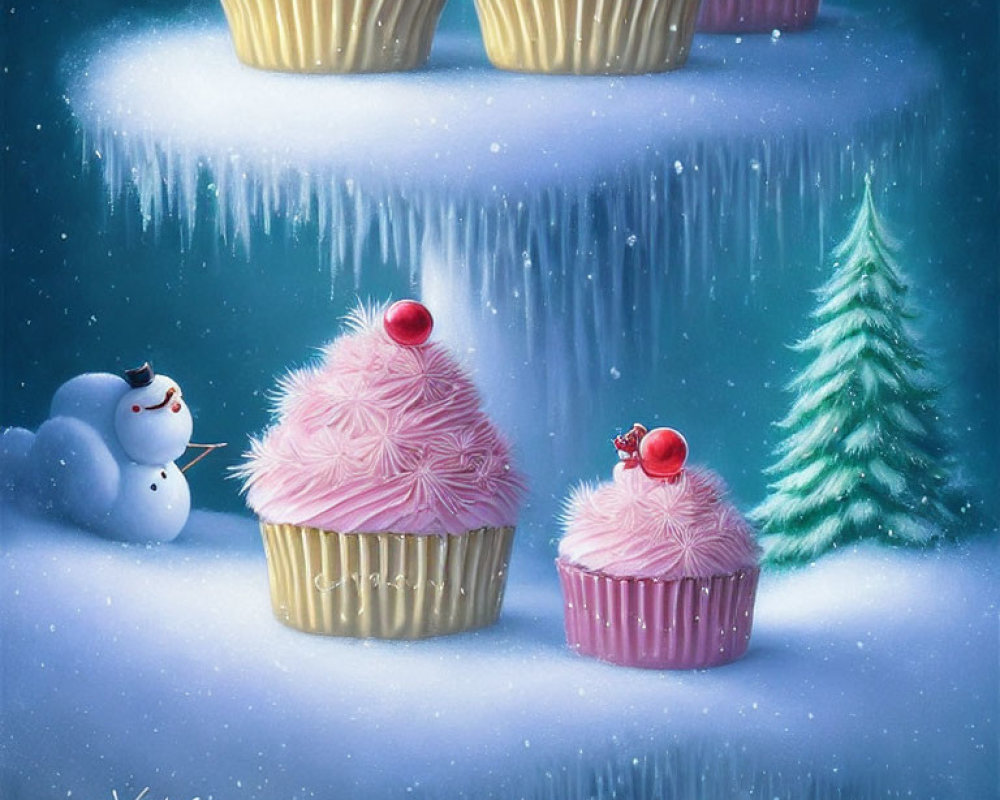 Whimsical winter scene with pink cupcakes, snowman, and pine tree